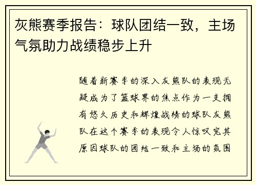灰熊赛季报告：球队团结一致，主场气氛助力战绩稳步上升